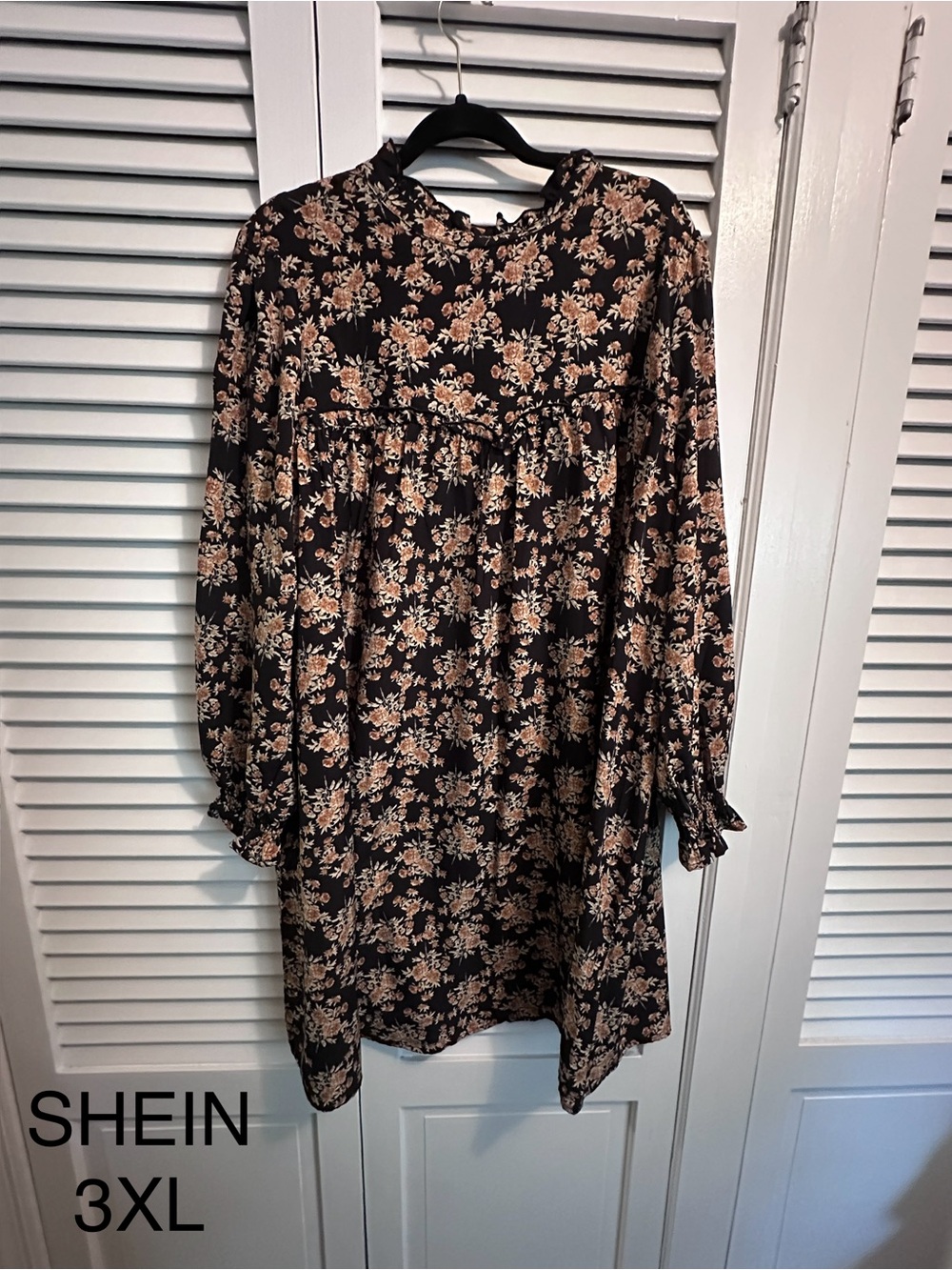 SHEIN Black Floral Long Sleeve Babydoll Dress